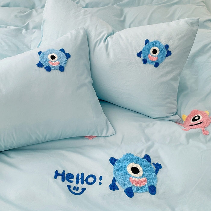 91家纺网 家纺一手货源 找家纺 优尚佳生活馆 2025新款水洗棉毛巾绣四件套（提供买家秀） 大怪兽