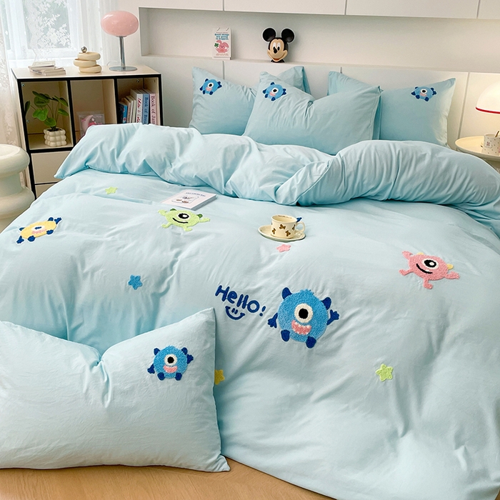 91家纺网 家纺一手货源 找家纺 优尚佳生活馆 2025新款水洗棉毛巾绣四件套（提供买家秀） 大怪兽