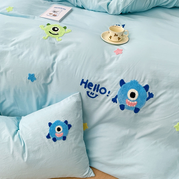 91家纺网 家纺一手货源 找家纺 优尚佳生活馆 2025新款水洗棉毛巾绣四件套（提供买家秀） 大怪兽