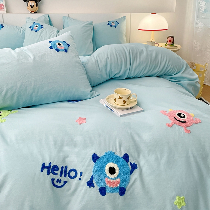 91家纺网 家纺一手货源 找家纺 优尚佳生活馆 2025新款水洗棉毛巾绣四件套（提供买家秀） 大怪兽