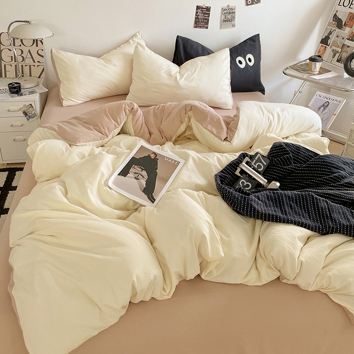 91家纺网 家纺一手货源 找家纺 （总）优尚佳生活馆 2025新款ins风超柔褶皱亲肤磨毛水洗棉四件套双拼系列（风格一）