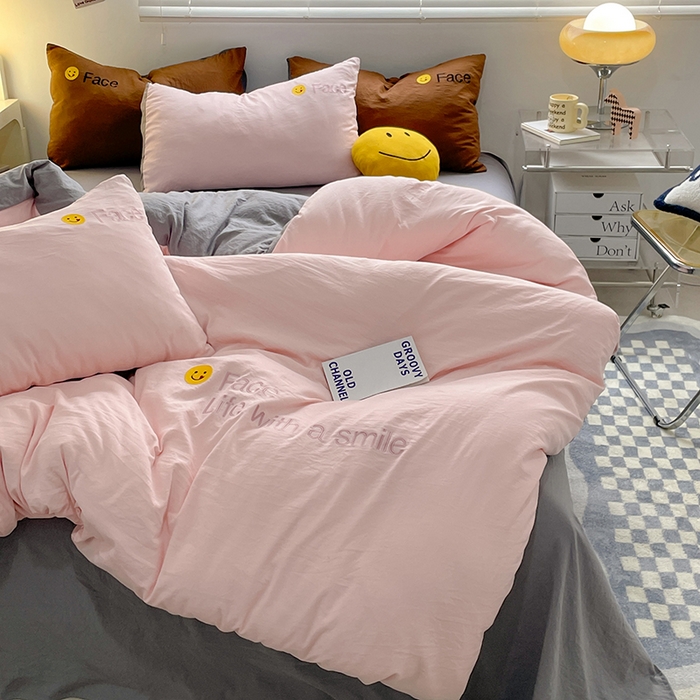 91家纺网 家纺一手货源 找家纺 优尚佳生活馆 2025新款水洗棉磨毛刺绣四件套 粉灰恋人