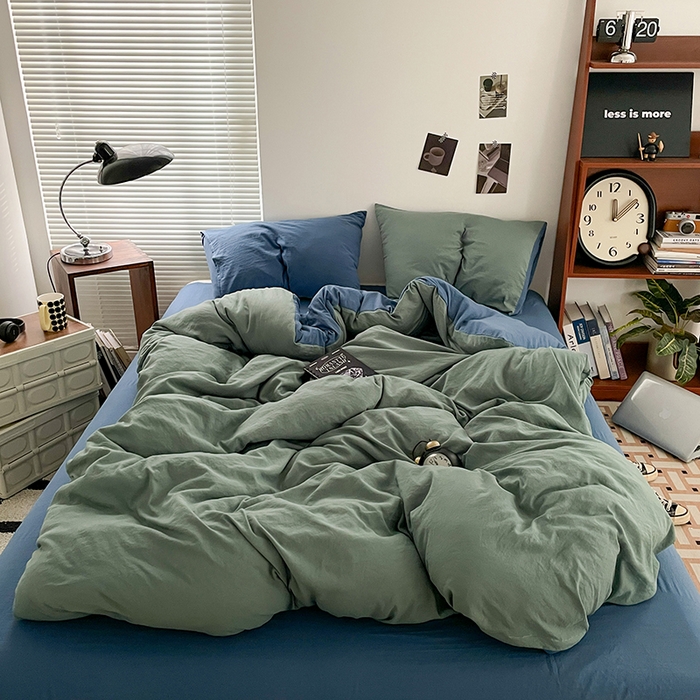 91家纺网 家纺一手货源 找家纺 优尚佳生活馆 2025新款ins风超柔褶皱亲肤磨毛水洗棉四件套双拼系列（风格二） 清新牛仔