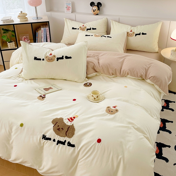 91家纺网 家纺一手货源 找家纺 优尚佳生活馆 2025新款水洗棉毛巾绣四件套（提供买家秀） 泡芙狗