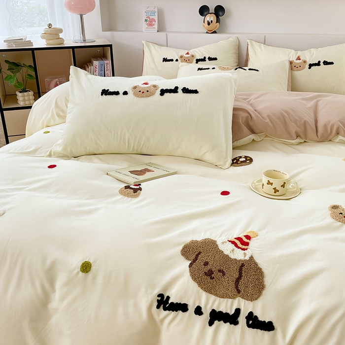 91家纺网 家纺一手货源 找家纺 优尚佳生活馆 2025新款水洗棉毛巾绣四件套（提供买家秀） 泡芙狗