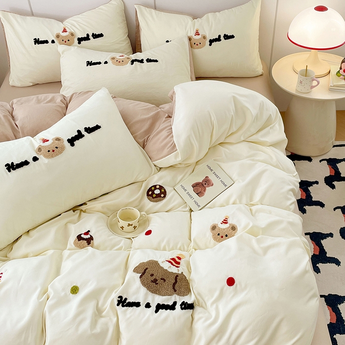 91家纺网 家纺一手货源 找家纺 优尚佳生活馆 2025新款水洗棉毛巾绣四件套（提供买家秀） 泡芙狗