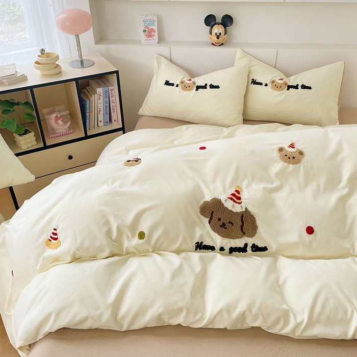 91家纺网 家纺一手货源 找家纺 优尚佳生活馆 2025新款水洗棉毛巾绣四件套（提供买家秀） 泡芙狗