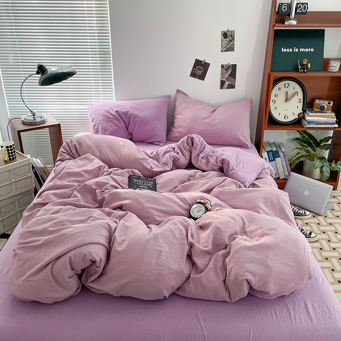 91家纺网 家纺一手货源 找家纺 优尚佳生活馆 2025新款ins风超柔褶皱亲肤磨毛水洗棉四件套双拼系列（风格二） 深紫浅紫