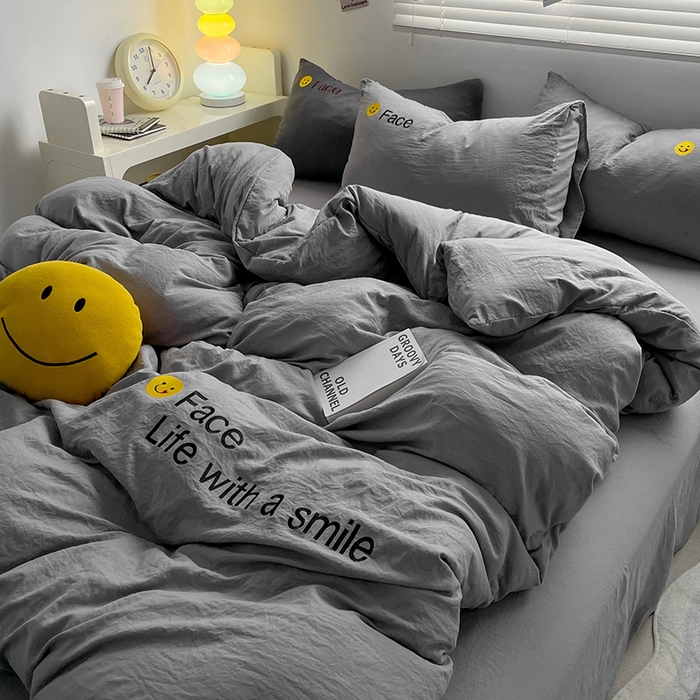 91家纺网 家纺一手货源 找家纺 优尚佳生活馆 2025新款水洗棉磨毛刺绣四件套 幻影灰