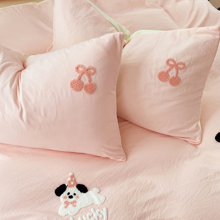 91家纺网 家纺一手货源 找家纺 优尚佳生活馆 2025新款水洗棉毛巾绣四件套（提供买家秀） 樱桃奶狗