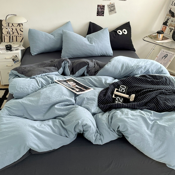 91家纺网 家纺一手货源 找家纺 （总）优尚佳生活馆 2025新款ins风超柔褶皱亲肤磨毛水洗棉四件套双拼系列（风格一）