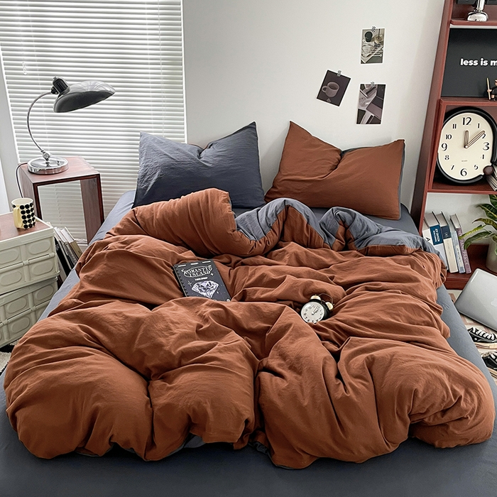 91家纺网 家纺一手货源 找家纺 优尚佳生活馆 2025新款ins风超柔褶皱亲肤磨毛水洗棉四件套双拼系列（风格二） 糖灰