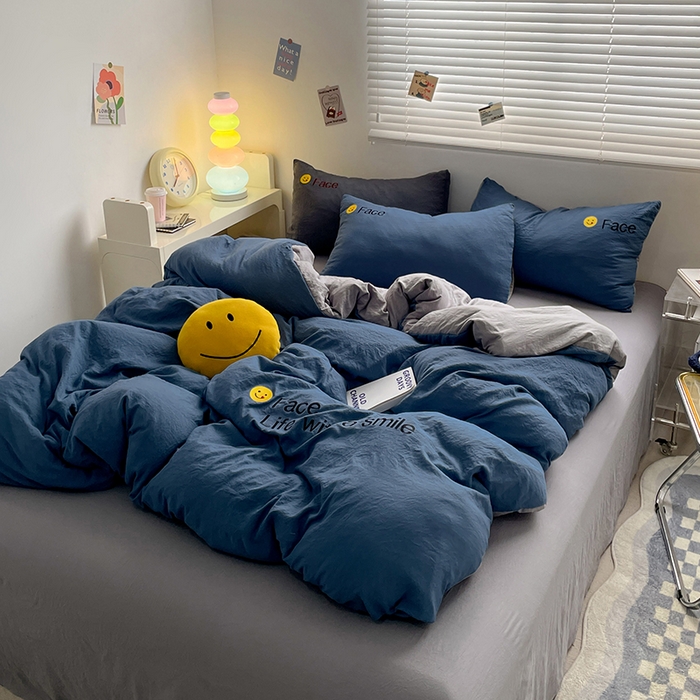 91家纺网 家纺一手货源 找家纺 优尚佳生活馆 2025新款水洗棉磨毛刺绣四件套 蓝灰约定