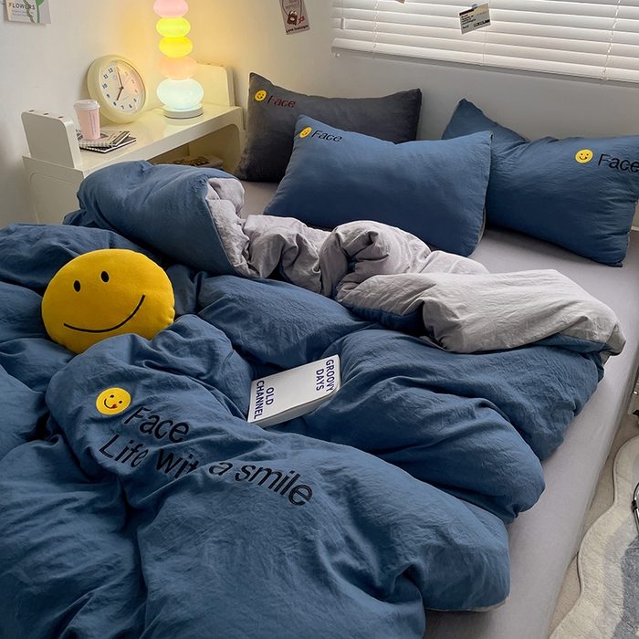 91家纺网 家纺一手货源 找家纺 优尚佳生活馆 2025新款水洗棉磨毛刺绣四件套 蓝灰约定