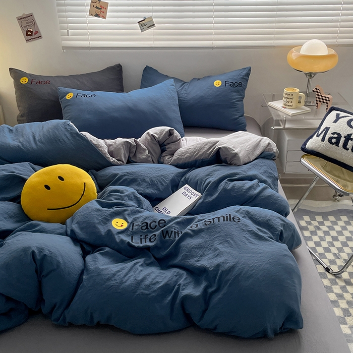 91家纺网 家纺一手货源 找家纺 优尚佳生活馆 2025新款水洗棉磨毛刺绣四件套 蓝灰约定