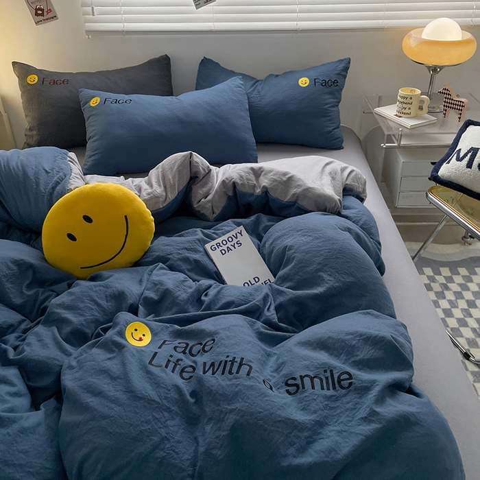 91家纺网 家纺一手货源 找家纺 优尚佳生活馆 2025新款水洗棉磨毛刺绣四件套 蓝灰约定