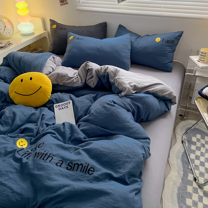 91家纺网 家纺一手货源 找家纺 优尚佳生活馆 2025新款水洗棉磨毛刺绣四件套 蓝灰约定