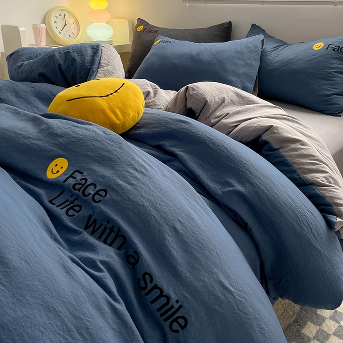 91家纺网 家纺一手货源 找家纺 优尚佳生活馆 2025新款水洗棉磨毛刺绣四件套 蓝灰约定