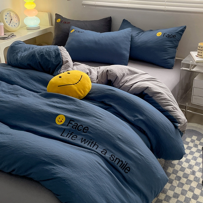 91家纺网 家纺一手货源 找家纺 优尚佳生活馆 2025新款水洗棉磨毛刺绣四件套 蓝灰约定