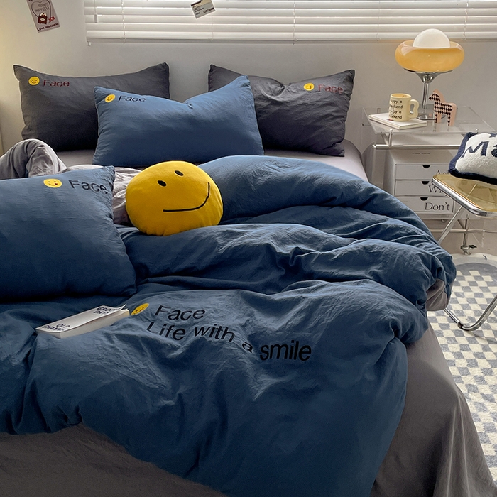 91家纺网 家纺一手货源 找家纺 优尚佳生活馆 2025新款水洗棉磨毛刺绣四件套 蓝灰约定