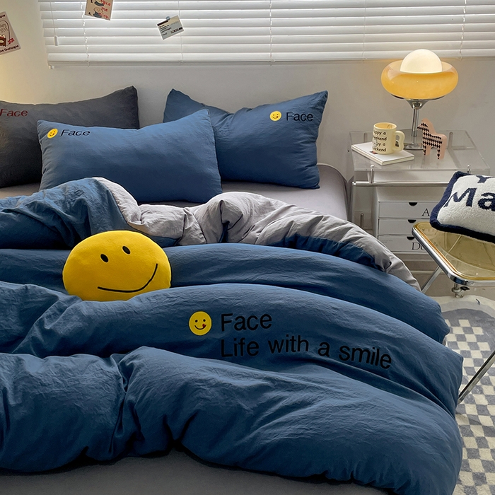 91家纺网 家纺一手货源 找家纺 优尚佳生活馆 2025新款水洗棉磨毛刺绣四件套 蓝灰约定