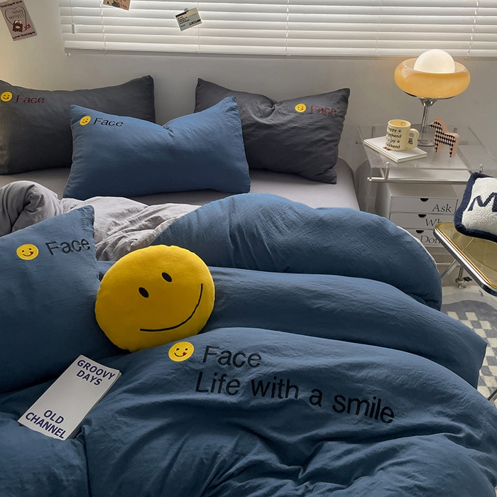 91家纺网 家纺一手货源 找家纺 优尚佳生活馆 2025新款水洗棉磨毛刺绣四件套 蓝灰约定