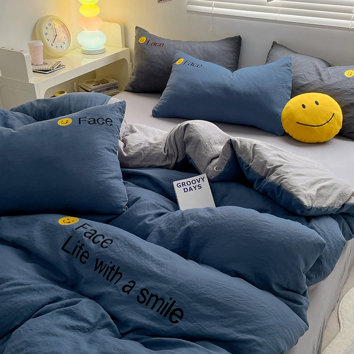 91家纺网 家纺一手货源 找家纺 优尚佳生活馆 2025新款水洗棉磨毛刺绣四件套 蓝灰约定