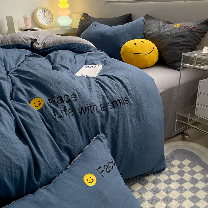 91家纺网 家纺一手货源 找家纺 优尚佳生活馆 2025新款水洗棉磨毛刺绣四件套 蓝灰约定