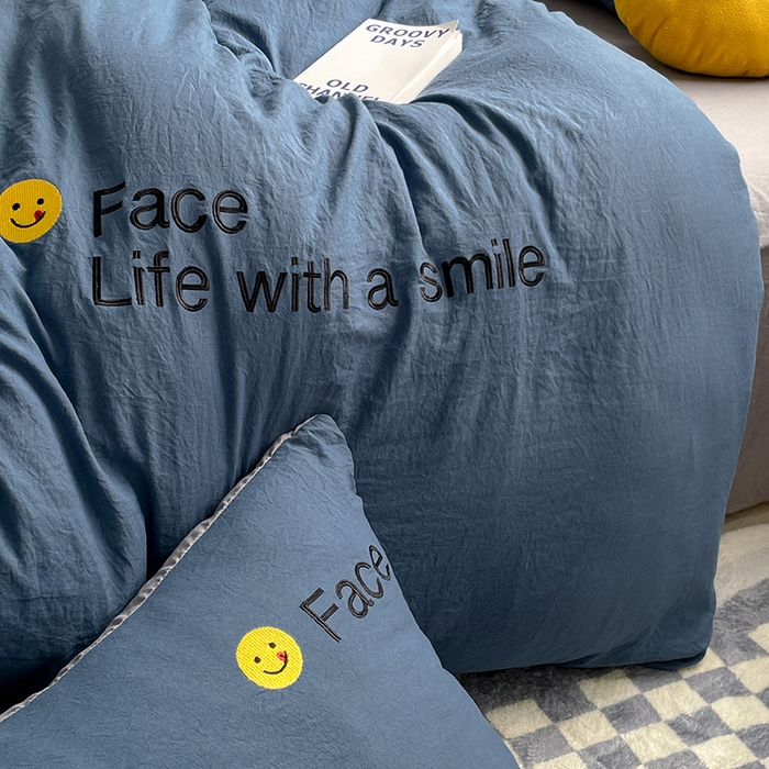 91家纺网 家纺一手货源 找家纺 优尚佳生活馆 2025新款水洗棉磨毛刺绣四件套 蓝灰约定