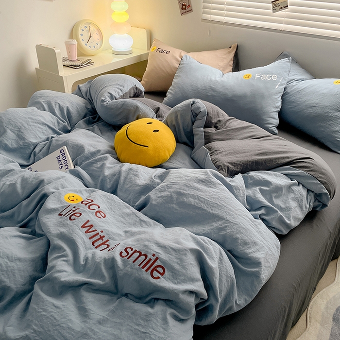 91家纺网 家纺一手货源 找家纺 优尚佳生活馆 2025新款水洗棉磨毛刺绣四件套 蓝颜