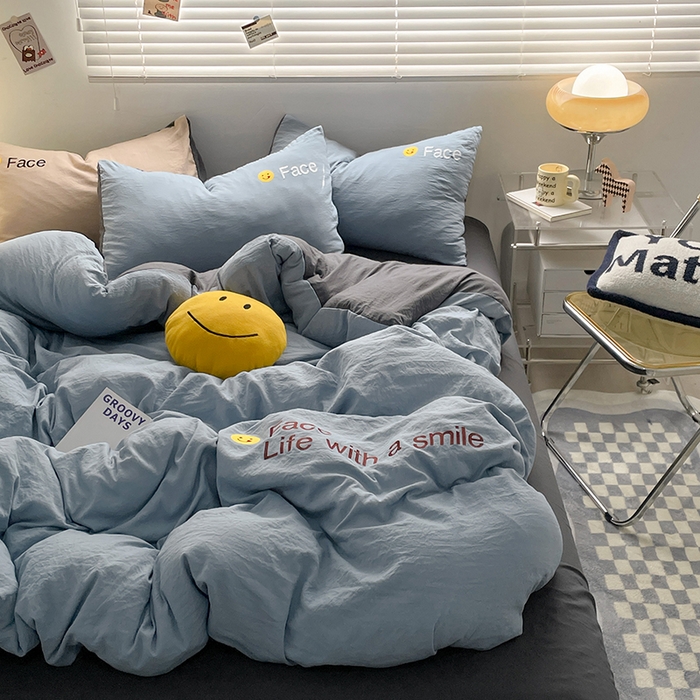 91家纺网 家纺一手货源 找家纺 优尚佳生活馆 2025新款水洗棉磨毛刺绣四件套 蓝颜