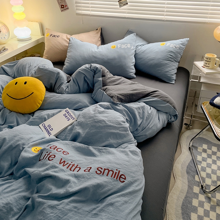 91家纺网 家纺一手货源 找家纺 优尚佳生活馆 2025新款水洗棉磨毛刺绣四件套 蓝颜