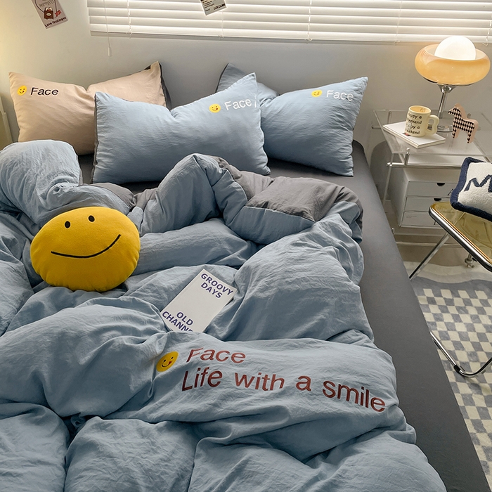 91家纺网 家纺一手货源 找家纺 优尚佳生活馆 2025新款水洗棉磨毛刺绣四件套 蓝颜