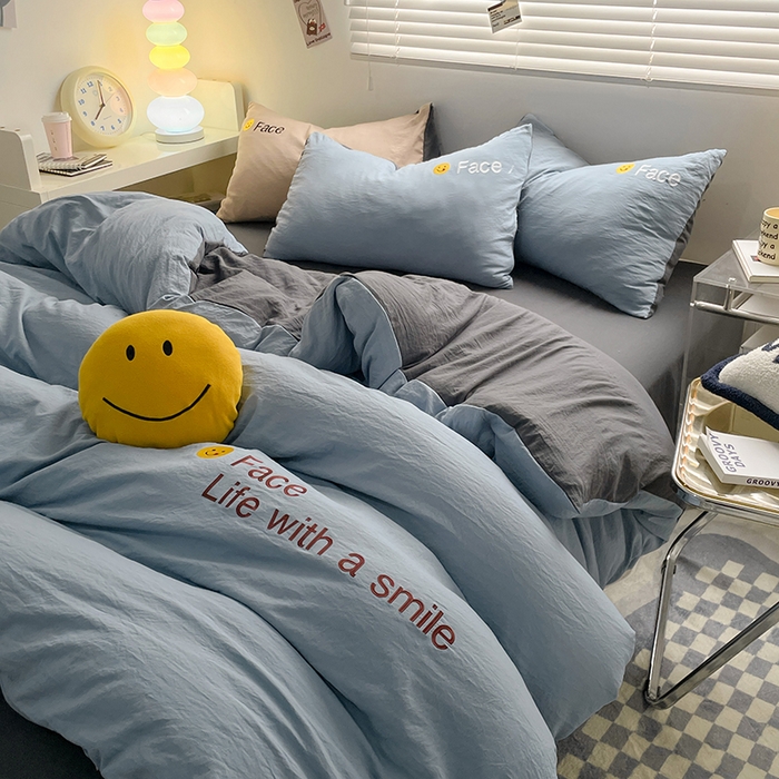 91家纺网 家纺一手货源 找家纺 优尚佳生活馆 2025新款水洗棉磨毛刺绣四件套 蓝颜