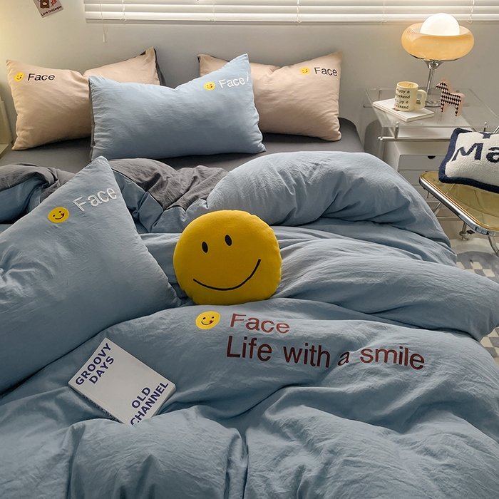 91家纺网 家纺一手货源 找家纺 优尚佳生活馆 2025新款水洗棉磨毛刺绣四件套 蓝颜