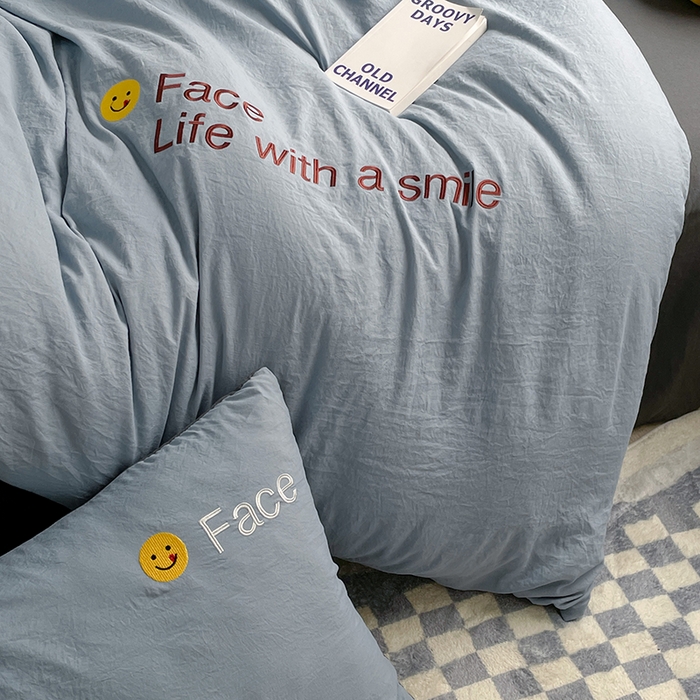 91家纺网 家纺一手货源 找家纺 优尚佳生活馆 2025新款水洗棉磨毛刺绣四件套 蓝颜