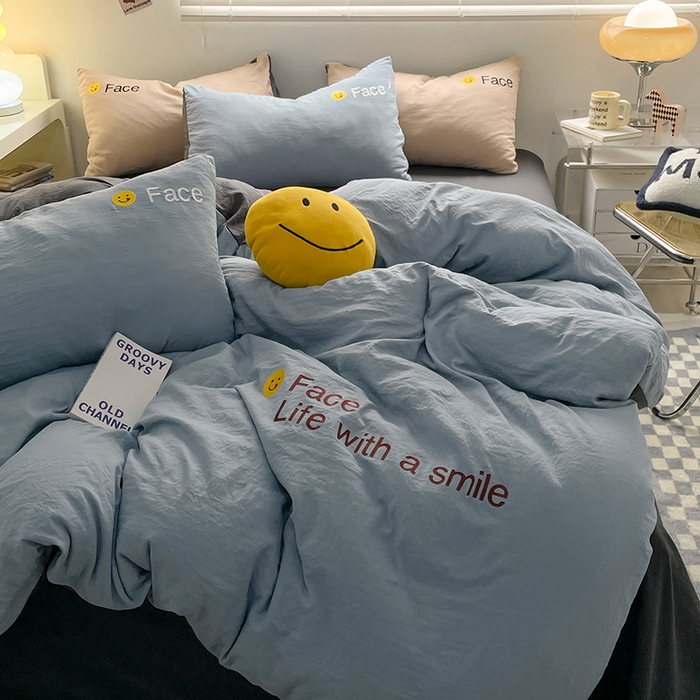 91家纺网 家纺一手货源 找家纺 优尚佳生活馆 2025新款水洗棉磨毛刺绣四件套 蓝颜