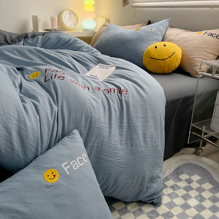 91家纺网 家纺一手货源 找家纺 优尚佳生活馆 2025新款水洗棉磨毛刺绣四件套 蓝颜