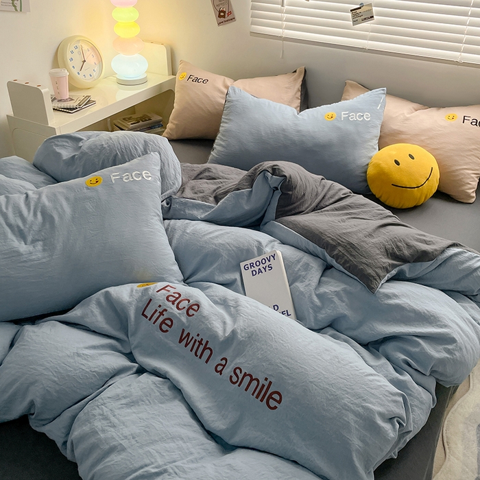 91家纺网 家纺一手货源 找家纺 优尚佳生活馆 2025新款水洗棉磨毛刺绣四件套 蓝颜