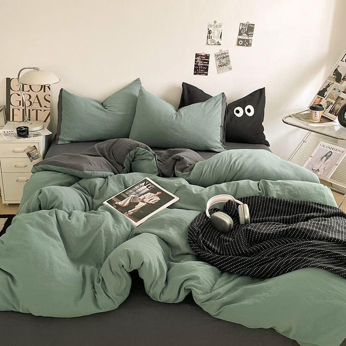 91家纺网 家纺一手货源 找家纺 （总）优尚佳生活馆 2025新款ins风超柔褶皱亲肤磨毛水洗棉四件套双拼系列（风格一）