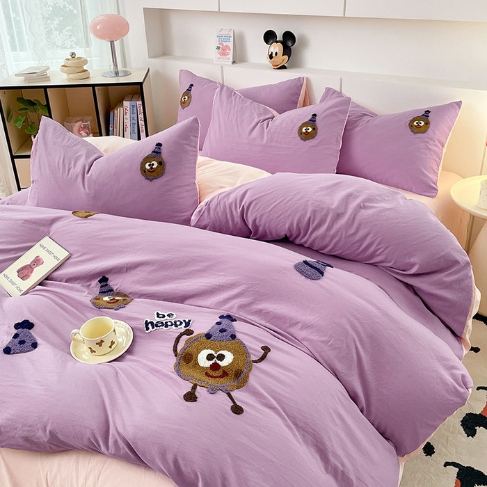 91家纺网 家纺一手货源 找家纺 优尚佳生活馆 2025新款水洗棉毛巾绣四件套（提供买家秀） 紫色曲奇