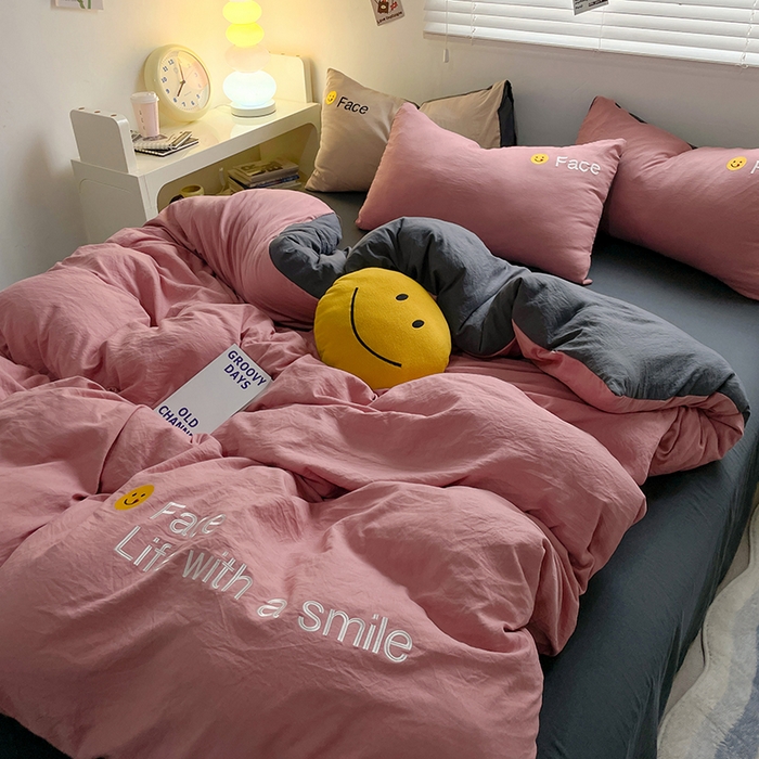 91家纺网 家纺一手货源 找家纺 优尚佳生活馆 2025新款水洗棉磨毛刺绣四件套 深灰相思豆