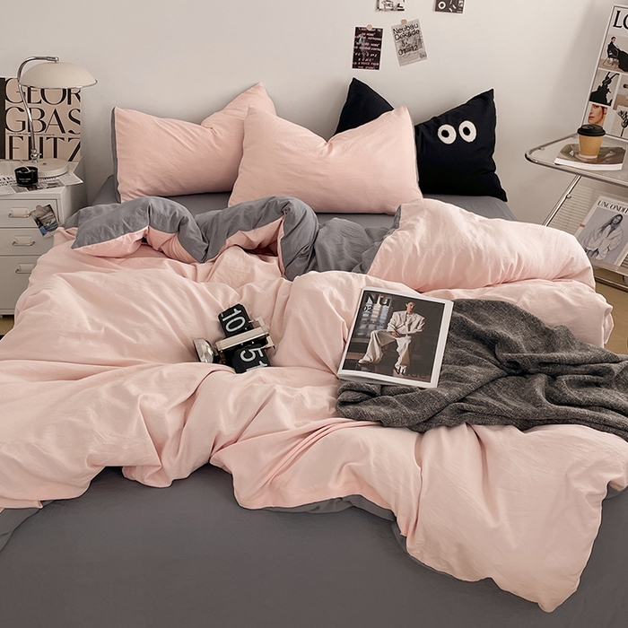 91家纺网 家纺一手货源 找家纺 （总）优尚佳生活馆 2025新款ins风超柔褶皱亲肤磨毛水洗棉四件套双拼系列（风格一）