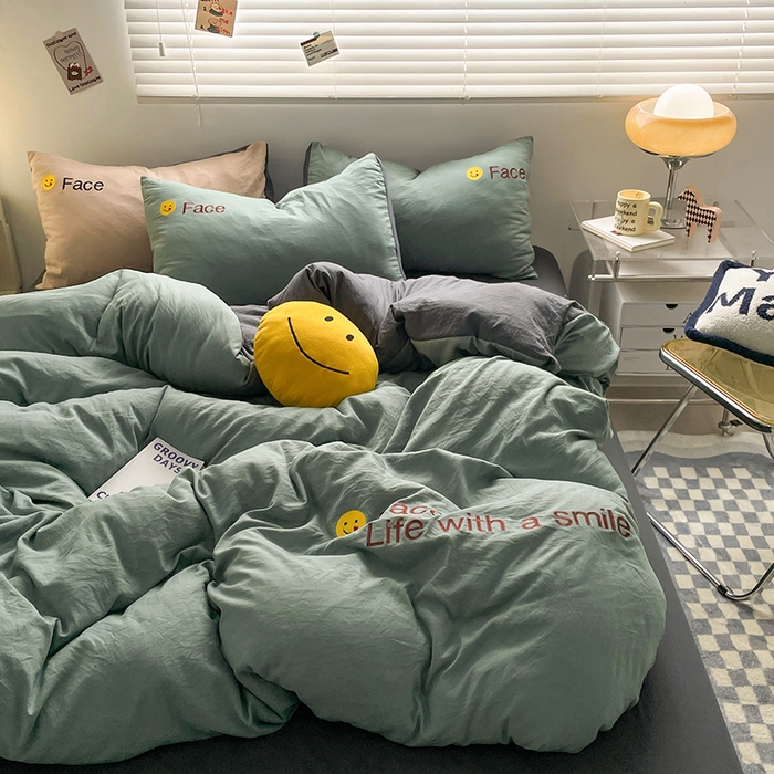 91家纺网 家纺一手货源 找家纺 优尚佳生活馆 2025新款水洗棉磨毛刺绣四件套 松绿