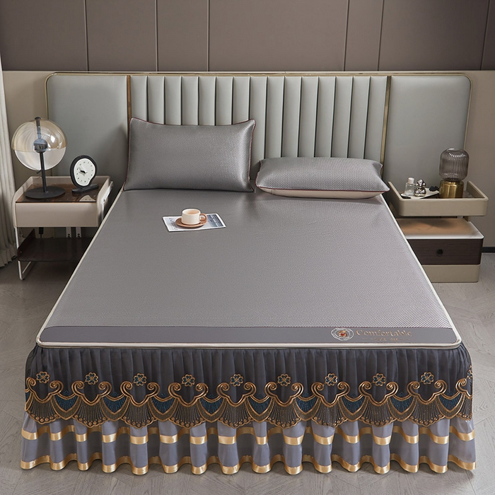 91家纺网 家纺一手货源 找家纺 情恒家纺 2025新款冰藤可拆卸床裙席三件套 皇朝 梦灰