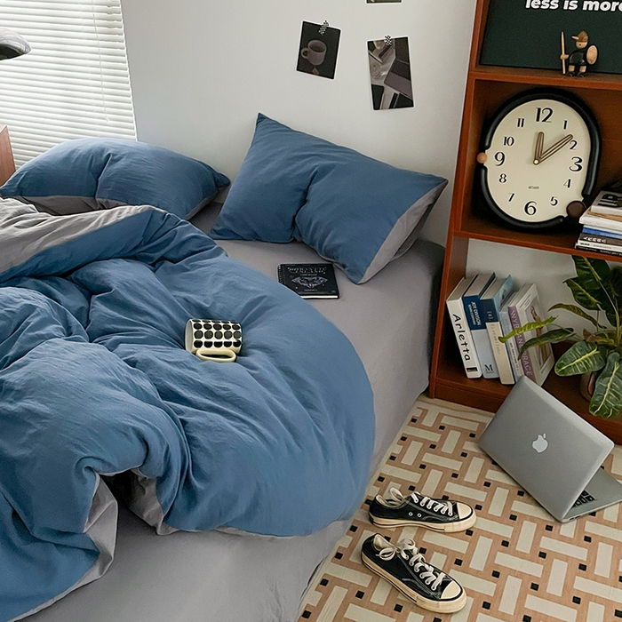 91家纺网 家纺一手货源 找家纺 优尚佳生活馆 2025新款ins风超柔褶皱亲肤磨毛水洗棉四件套双拼系列（风格二） 宝兰浅灰