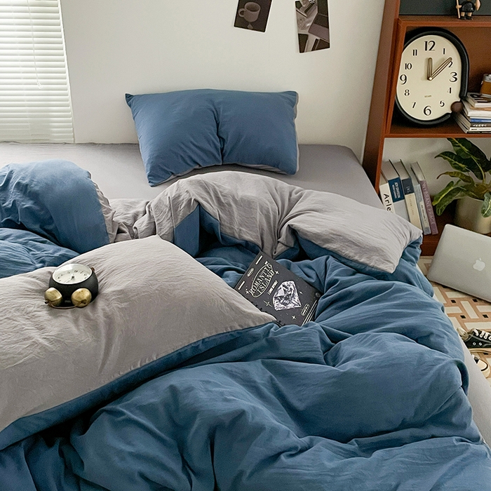 91家纺网 家纺一手货源 找家纺 优尚佳生活馆 2025新款ins风超柔褶皱亲肤磨毛水洗棉四件套双拼系列（风格二） 宝兰浅灰