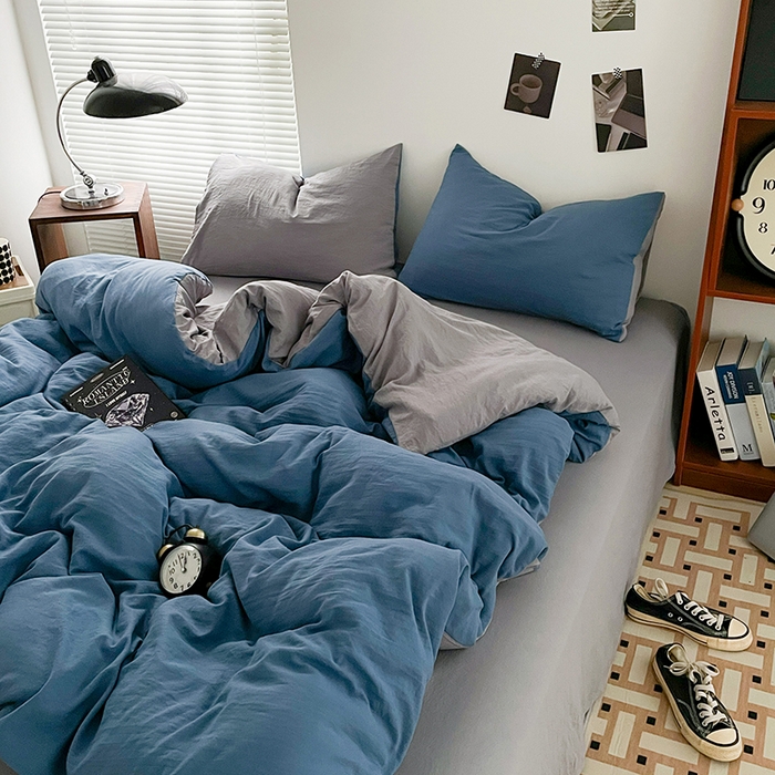 91家纺网 家纺一手货源 找家纺 优尚佳生活馆 2025新款ins风超柔褶皱亲肤磨毛水洗棉四件套双拼系列（风格二） 宝兰浅灰