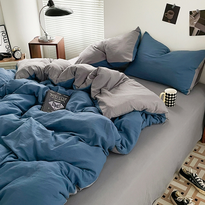 91家纺网 家纺一手货源 找家纺 优尚佳生活馆 2025新款ins风超柔褶皱亲肤磨毛水洗棉四件套双拼系列（风格二） 宝兰浅灰