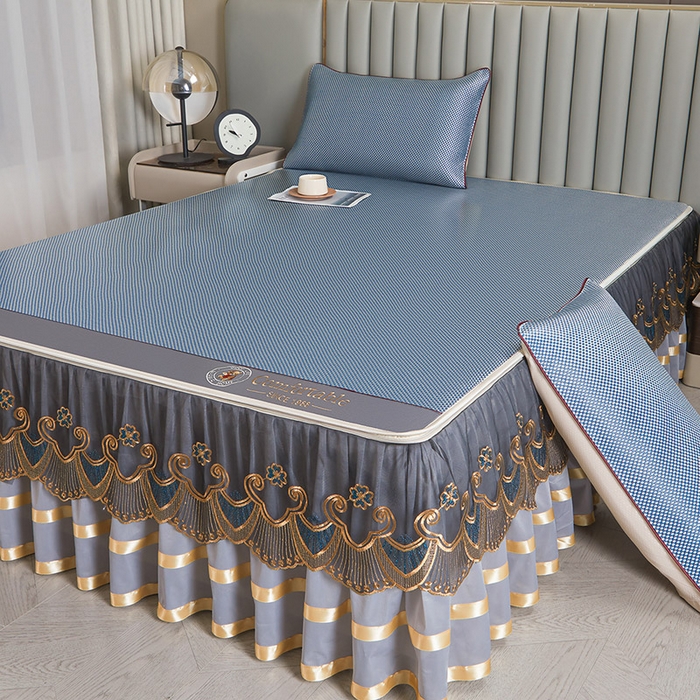 91家纺网 家纺一手货源 找家纺 情恒家纺 2025新款冰藤可拆卸床裙席三件套 皇朝 雾蓝